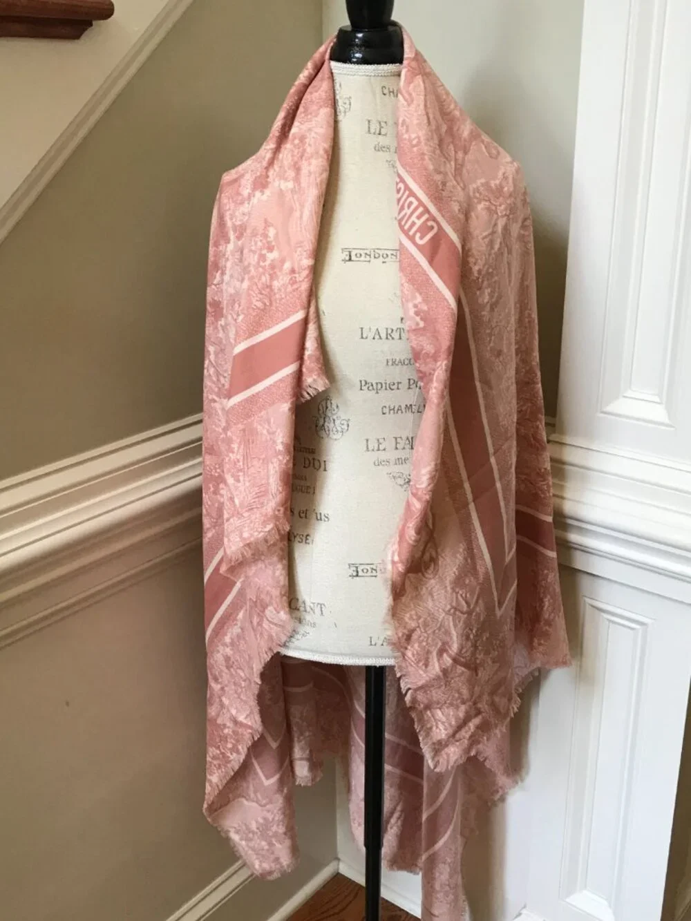 Christian Dior Rose des Vents Toile de Jouy Sauvage Shawl Scarf Wrap Wool Silk